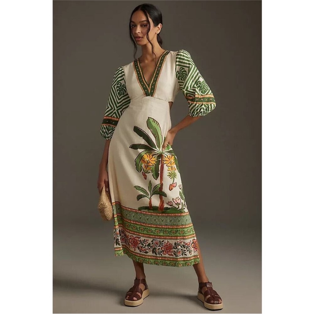 FARM Rio Palm V-neck Midi Dress